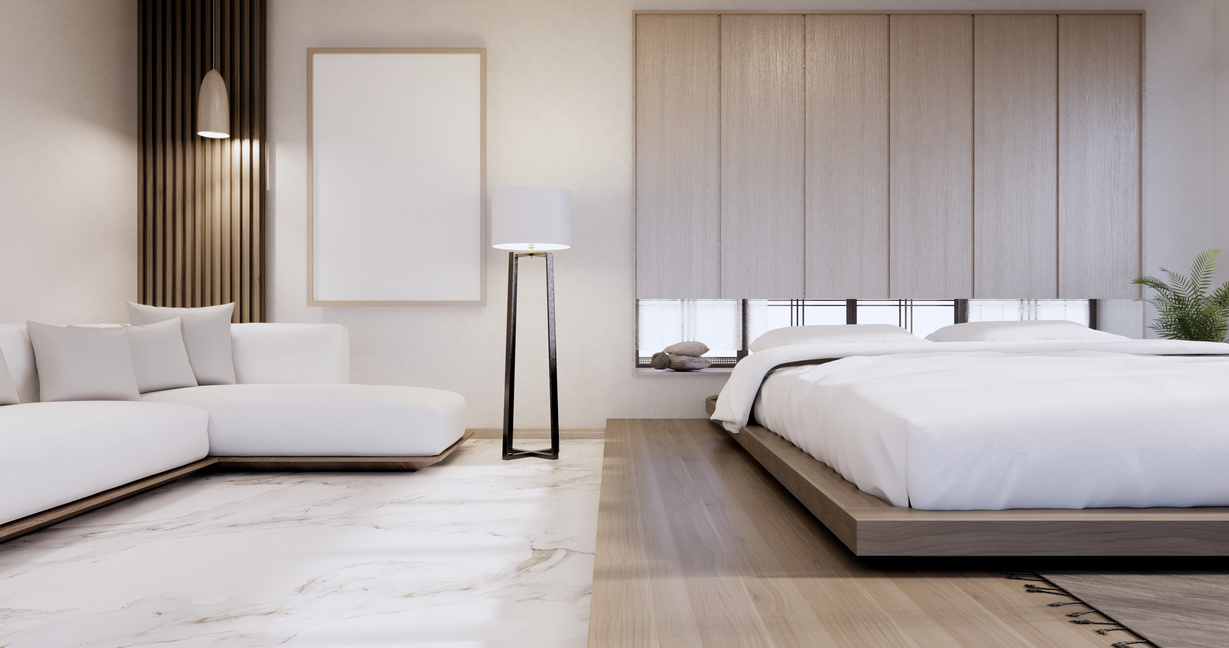 Bedroom Japanese Minimal Style.,Modern White Wall and Wooden Flo